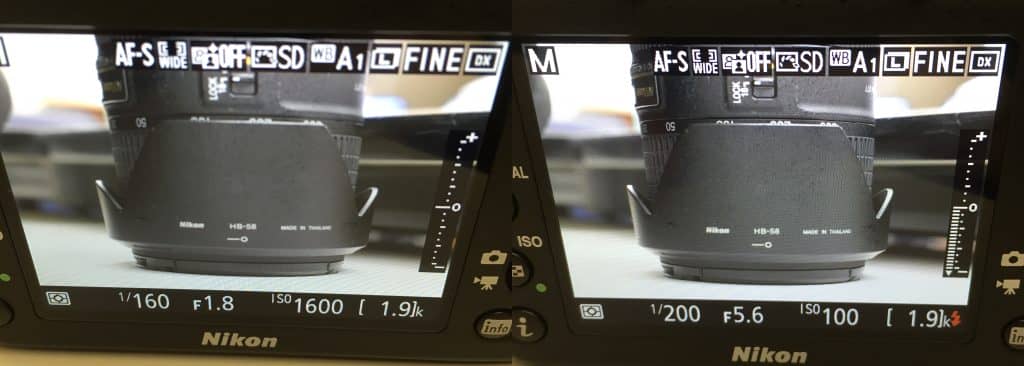 Left: Metering on right of LCD indicates underexposure. Right: Metering on right of LCD indicates proper exposure.