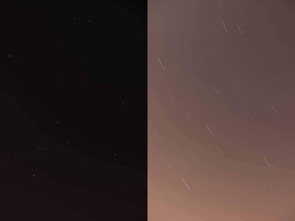 Left: Shot with a 30-second shutter speed. Black sky has no visible artificial light in it. Short star trails. Right: Shot with a several minute exposure. Very pronounced star trails but has an orange tint from street lights nearby. The trails are not smooth due to slight movements on the tripod.